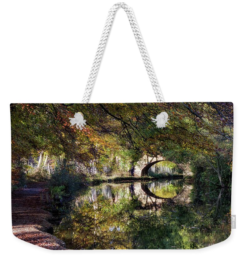 Landscape Weekender Tote Bag featuring the photograph Canal path in autumn by Shirley Mitchell