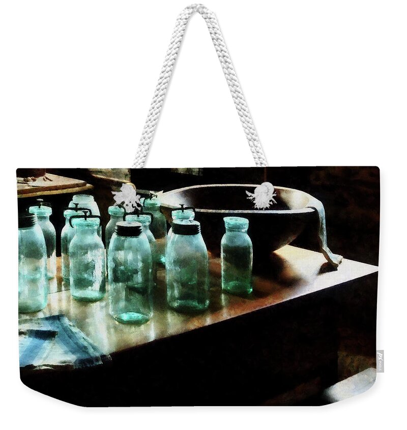 Canning Jars Weekender Tote Bag featuring the photograph Canning Jars by Susan Savad