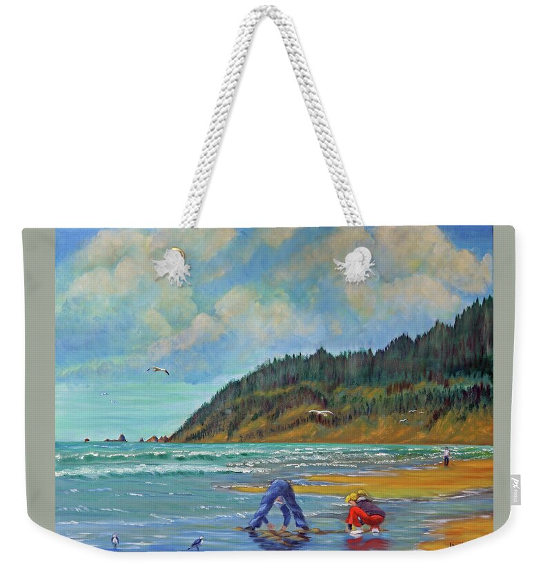 Cannon Beach Oregon Weekender Tote Bag featuring the painting Cannon Beach Kids by Kevin Hughes