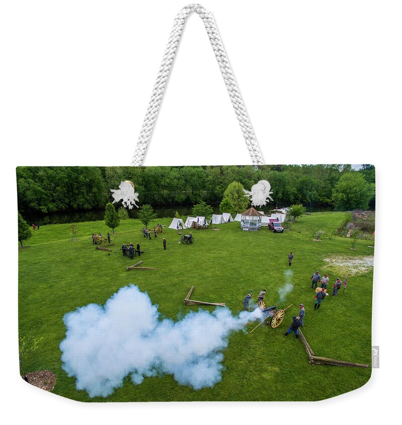 Cannon Weekender Tote Bag featuring the photograph Cannon Fires by Star City SkyCams