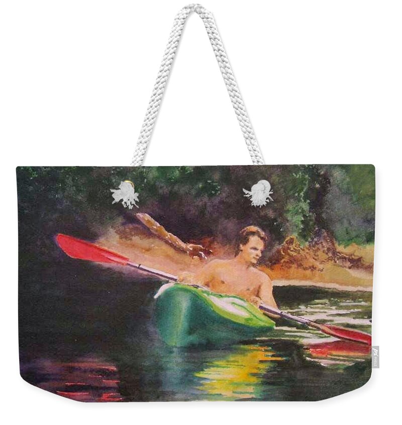 Canoe Weekender Tote Bag featuring the painting Canoe on the Black by Bobby Walters