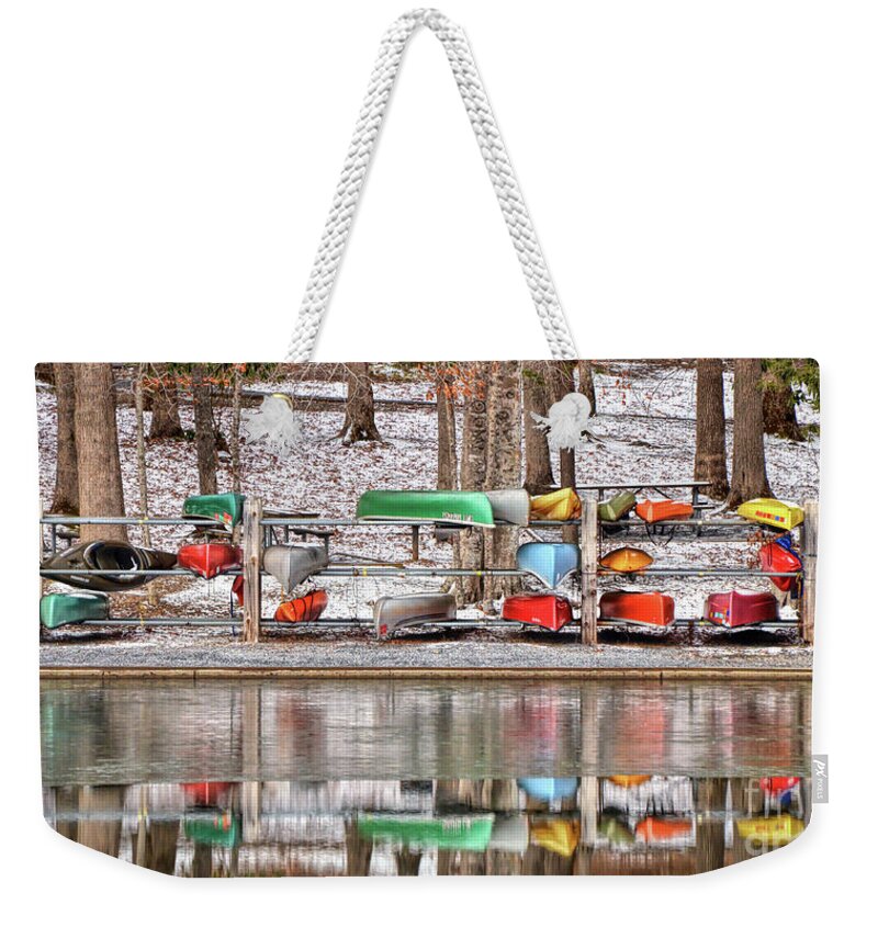 Canoe Weekender Tote Bag featuring the photograph Canoe Reflections by Kerri Farley