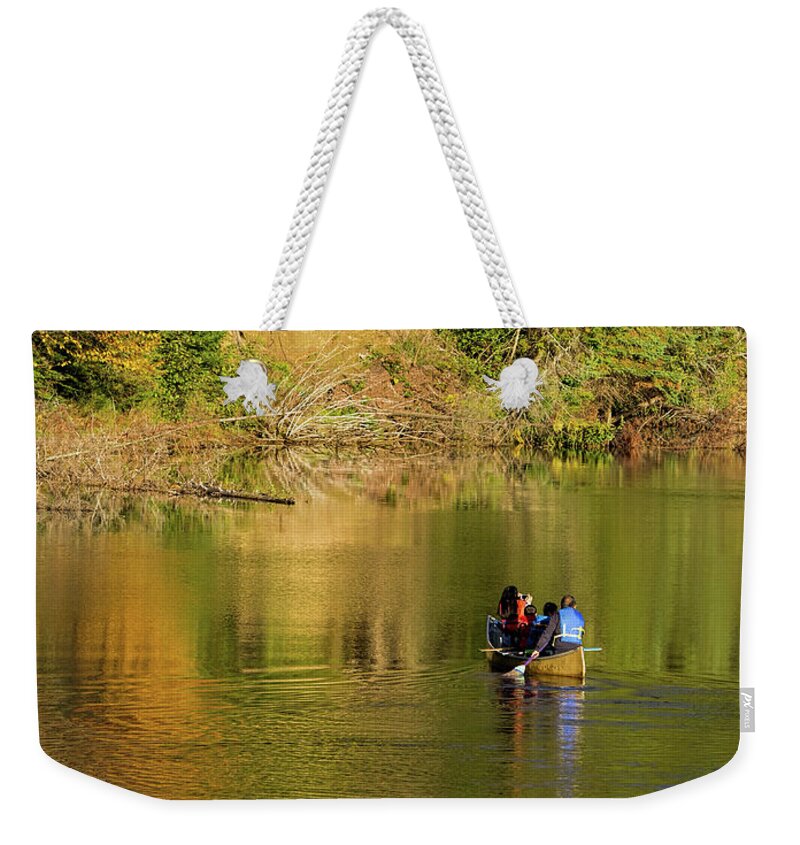 Canoe Weekender Tote Bag featuring the photograph Canoeing In Fall by Les Palenik