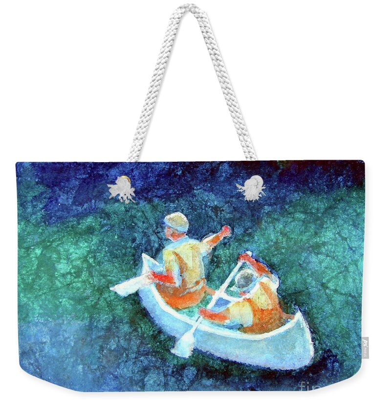 Paintings Weekender Tote Bag featuring the painting Canoeists in Shadow by Kathy Braud