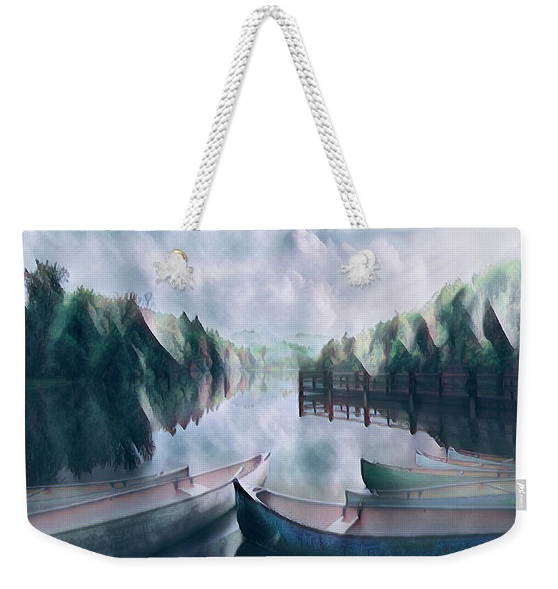 Appalachia Weekender Tote Bag featuring the photograph Canoes in Lakeside Abstracts by Debra and Dave Vanderlaan