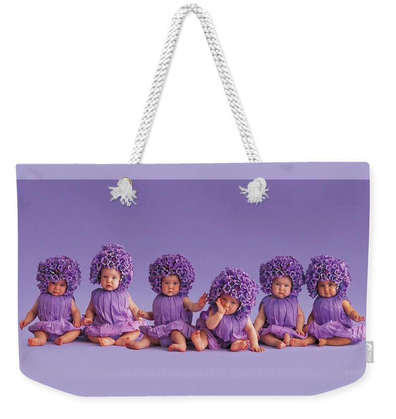 Purple Weekender Tote Bag featuring the photograph Cantebury Bells by Anne Geddes