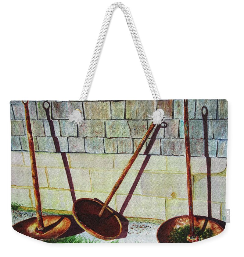 Buoy Weekender Tote Bag featuring the painting Cape Cod Buoy Anchors by Karen Fleschler