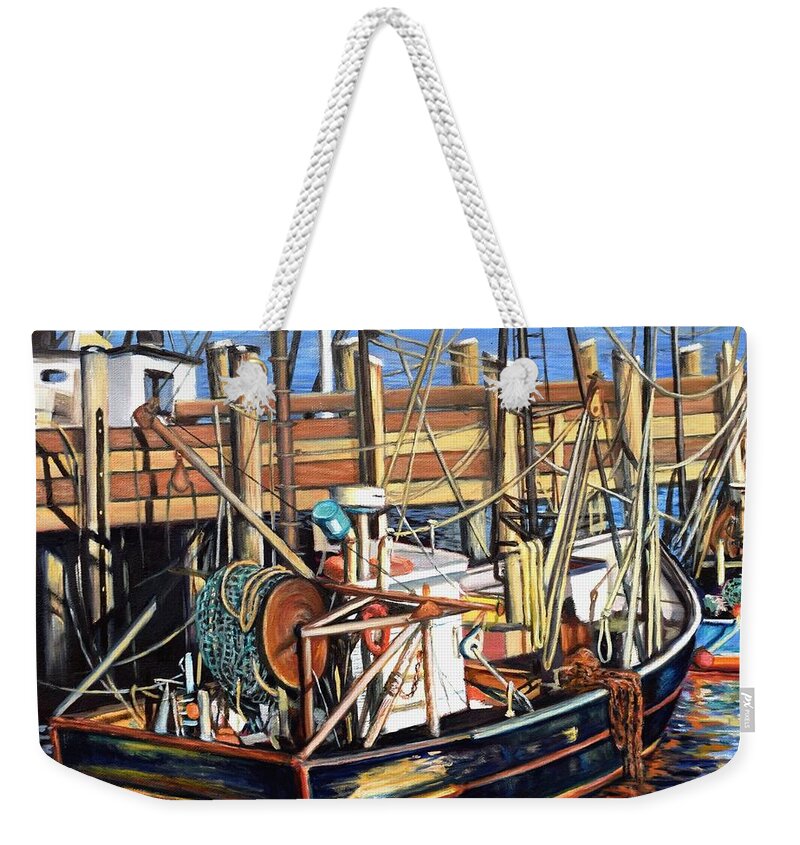 Fishing Weekender Tote Bag featuring the painting Cape Cod Fishing Boats by Eileen Patten Oliver