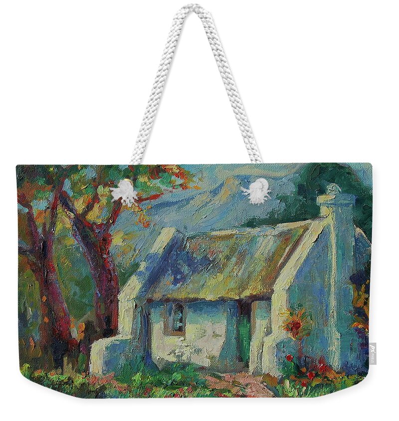 Cape Cottage Weekender Tote Bag featuring the painting Cape Cottage with Mountains Art Bertram Poole by Thomas Bertram POOLE