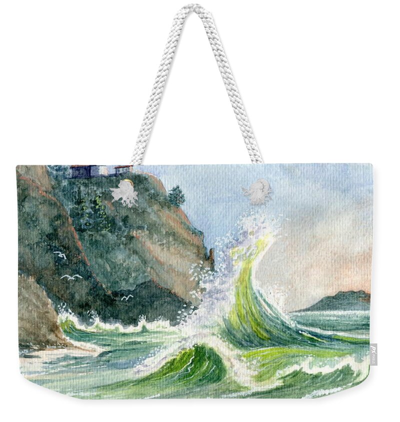 Cape Disappointment State Park Weekender Tote Bag featuring the painting Cape Disappointment Lighthouse by Marilyn Smith