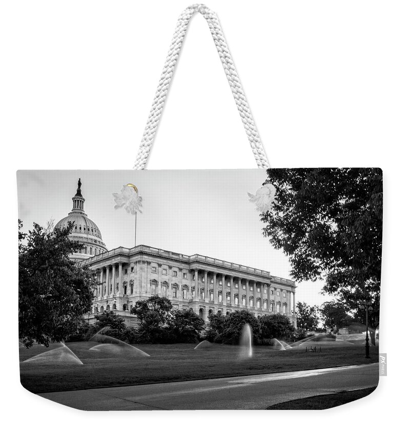 Us Capitol Building Weekender Tote Bag featuring the photograph Capitol Hill Sprinklers In Black and White by Greg and Chrystal Mimbs