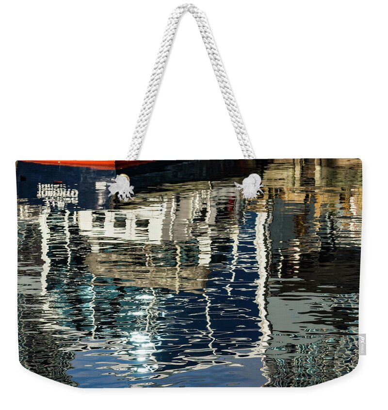 Georgia Mizuleva Weekender Tote Bag featuring the photograph Capricious Liquid Abstracts - Cool Blues and Whites with a Touch of Red by Georgia Mizuleva
