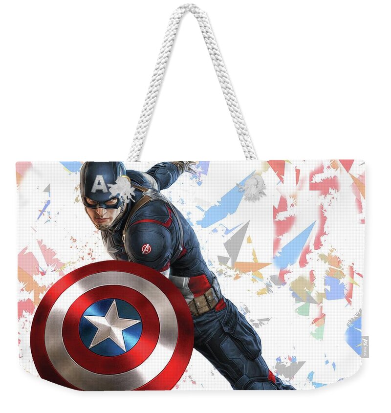 Captain America Weekender Tote Bag featuring the mixed media Captain America Splash Super Hero Series by Movie Poster Prints