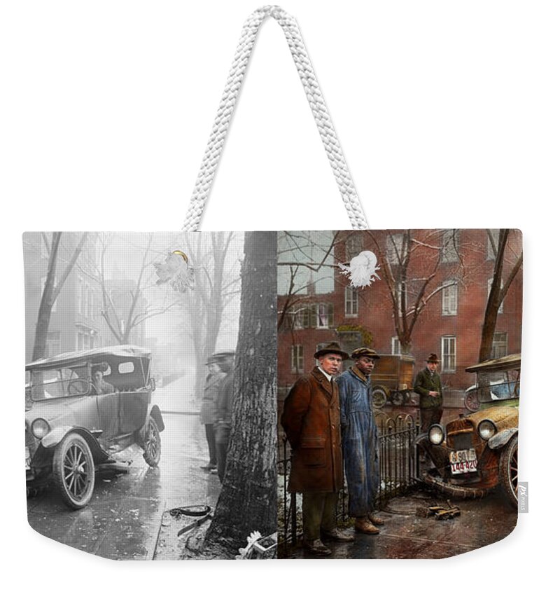 Colorized Weekender Tote Bag featuring the photograph Car Accident - Watch for ice 1921 - Side by Side by Mike Savad