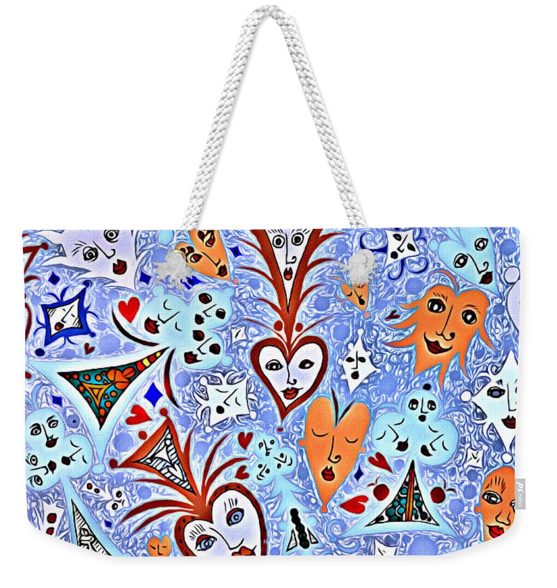 Lise Winne Weekender Tote Bag featuring the digital art Card Game Symbols with Faces in Blue by Lise Winne