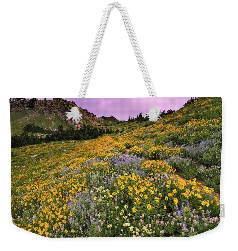 Utah Weekender Tote Bag featuring the photograph Cardiff Pass Sunset and Wildflowers - Alta, Utah by Brett Pelletier