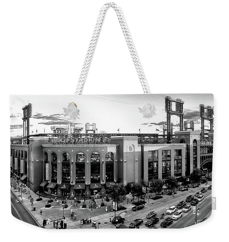 Cardinals Weekender Tote Bag featuring the photograph Cardinal Fans Arrive BW by C H Apperson