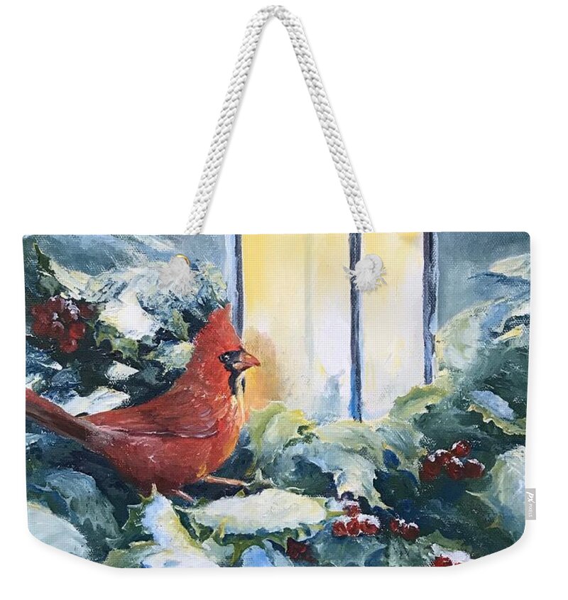 Cardinal Weekender Tote Bag featuring the painting Snowy Lantern's Glow by ML McCormick