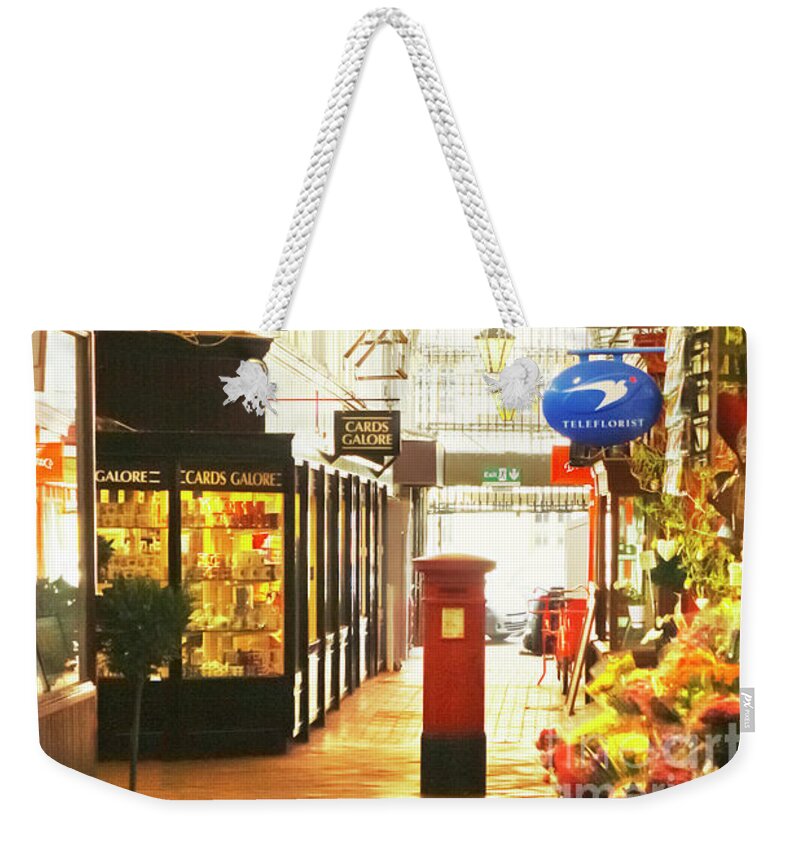 Oxford Weekender Tote Bag featuring the photograph Cards and Flowers Oxford Covered Market by Terri Waters