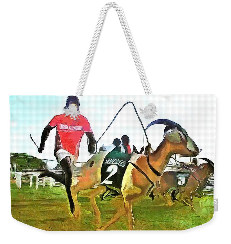 Caribbean Weekender Tote Bag featuring the painting CARIBBEAN SCENES - Goat Race in Tobago by Wayne Pascall