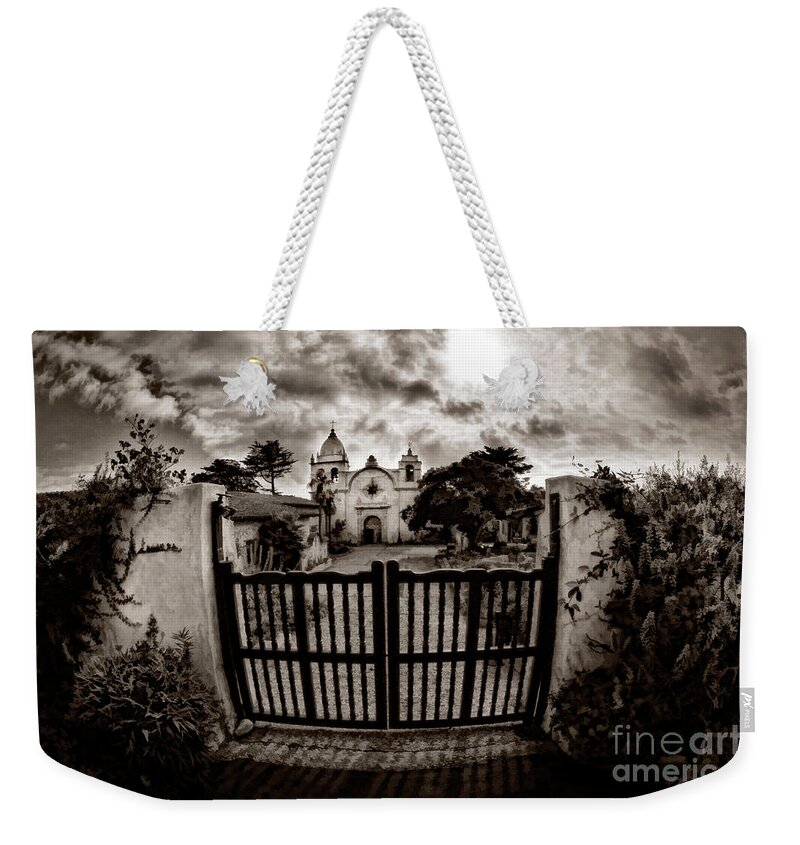 Carmel Mission Weekender Tote Bag featuring the photograph Carmel Mission Black White by Blake Richards