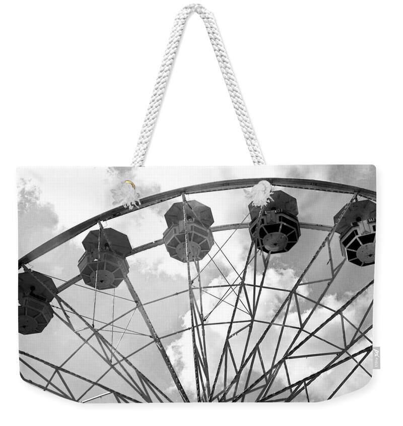 Carnival Weekender Tote Bag featuring the photograph Carnival Ferris Wheel Black and White Print - Carnival Rides Ferris Wheel Black and White Art Prints by Kathy Fornal
