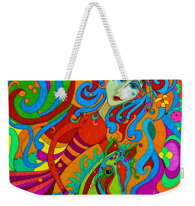 Horse Weekender Tote Bag featuring the drawing Carousel Dance 2016 by Alison Caltrider
