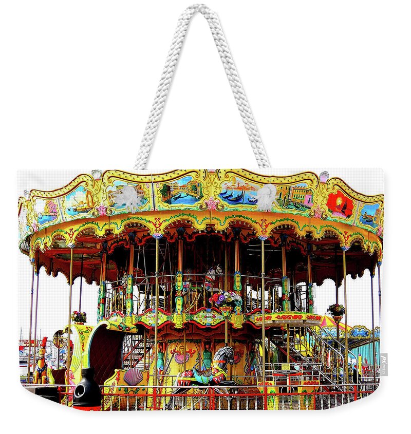Merry-go-round Weekender Tote Bag featuring the photograph Carousel on the Wildwood, New Jersey Boardwalk by Linda Stern