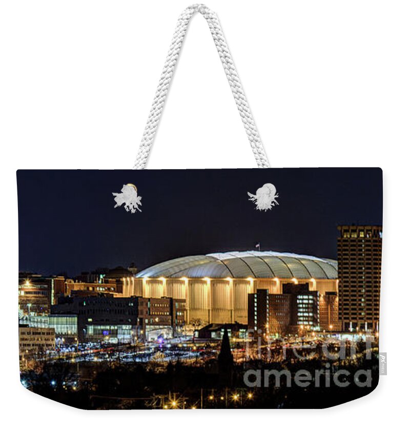 Skyline Weekender Tote Bag featuring the photograph Carrier Dome and Syracuse Skyline Panoramic View by Rod Best