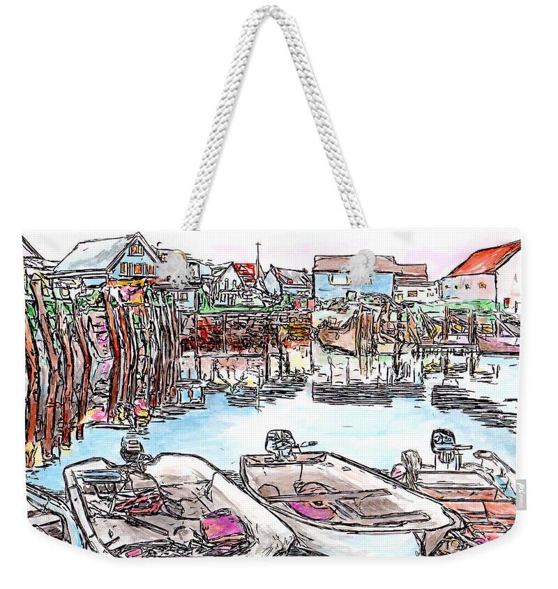 Pen Weekender Tote Bag featuring the drawing Carvers Harbour with Boats , Vinal Haven, Maine by Michele A Loftus