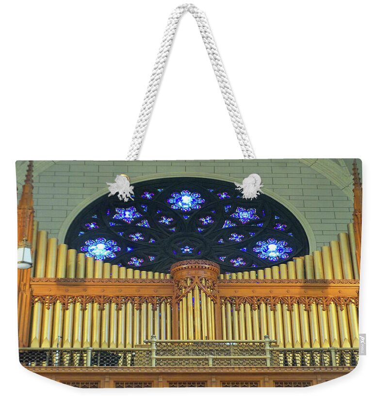 Casavant Organ Pipes At Basilica Of St. Peter And St.paul Weekender Tote Bag featuring the photograph Casavant Organ pipes at Basilica of St. Peter and St.Paul by Mike Breau