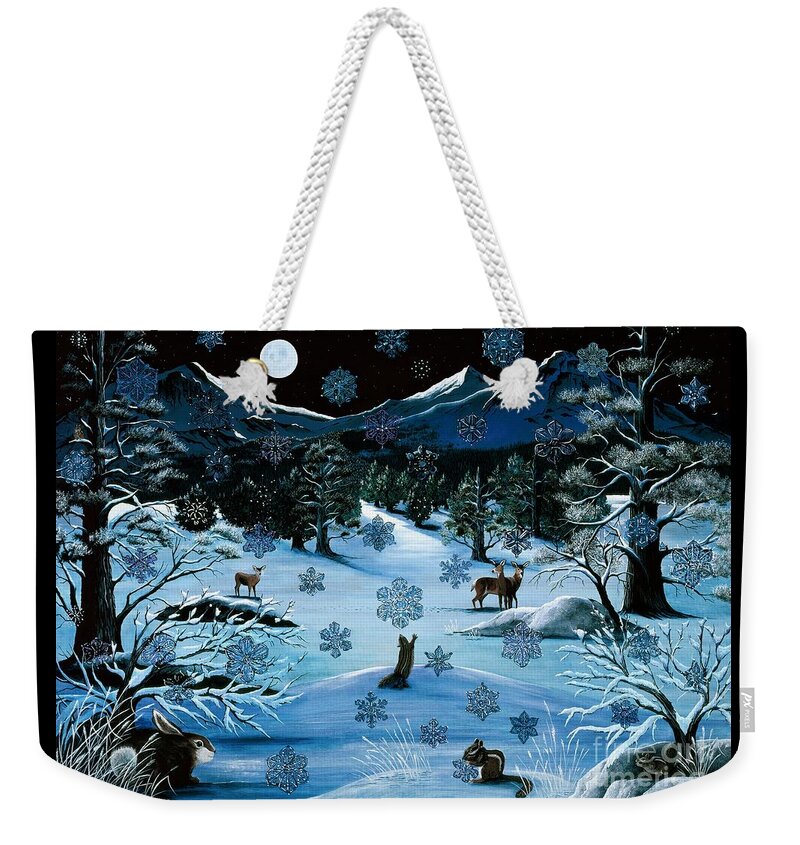 Snowflakes|mountains|night|winter|animals|whimsical| Weekender Tote Bag featuring the painting Cascade Snowflake by Jennifer Lake