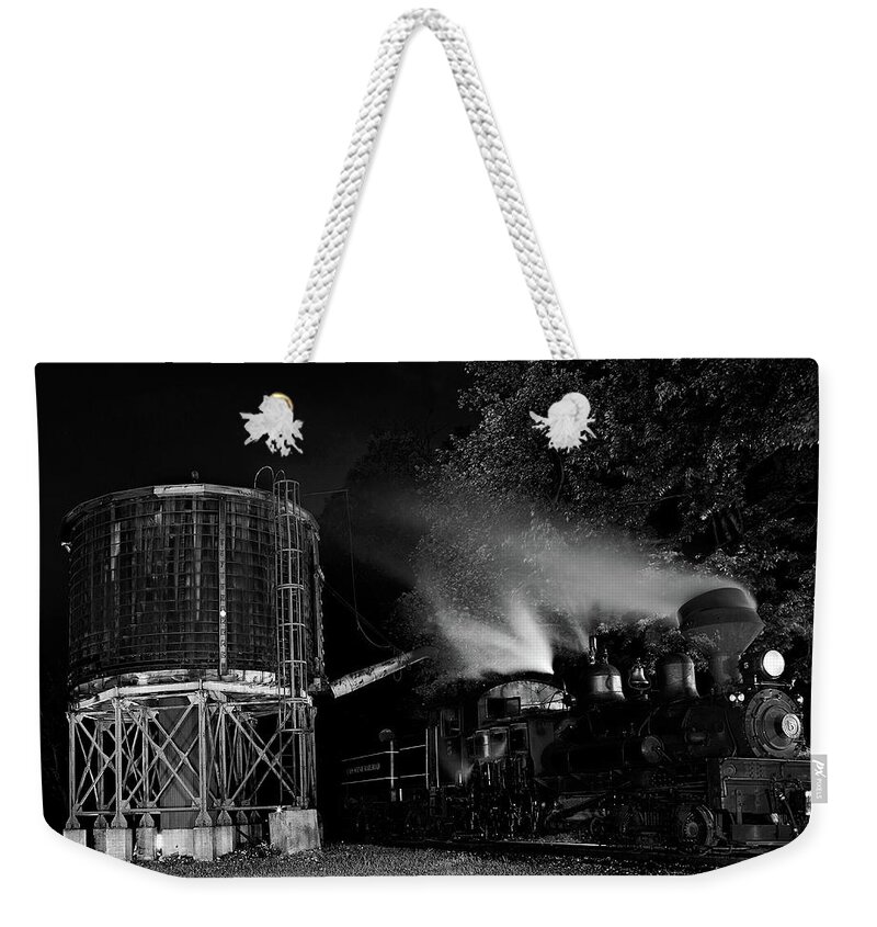 Train Weekender Tote Bag featuring the photograph Cass Water Tank BW by Deborah Penland