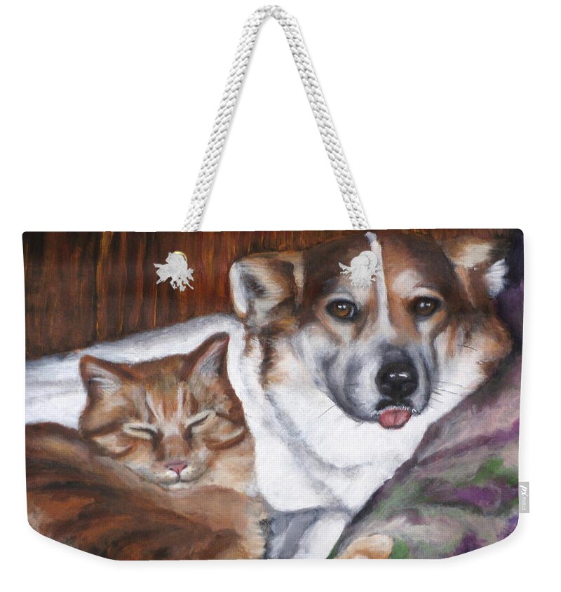 Dog And Cat Weekender Tote Bag featuring the painting Cassie and Tigger by Carol Russell