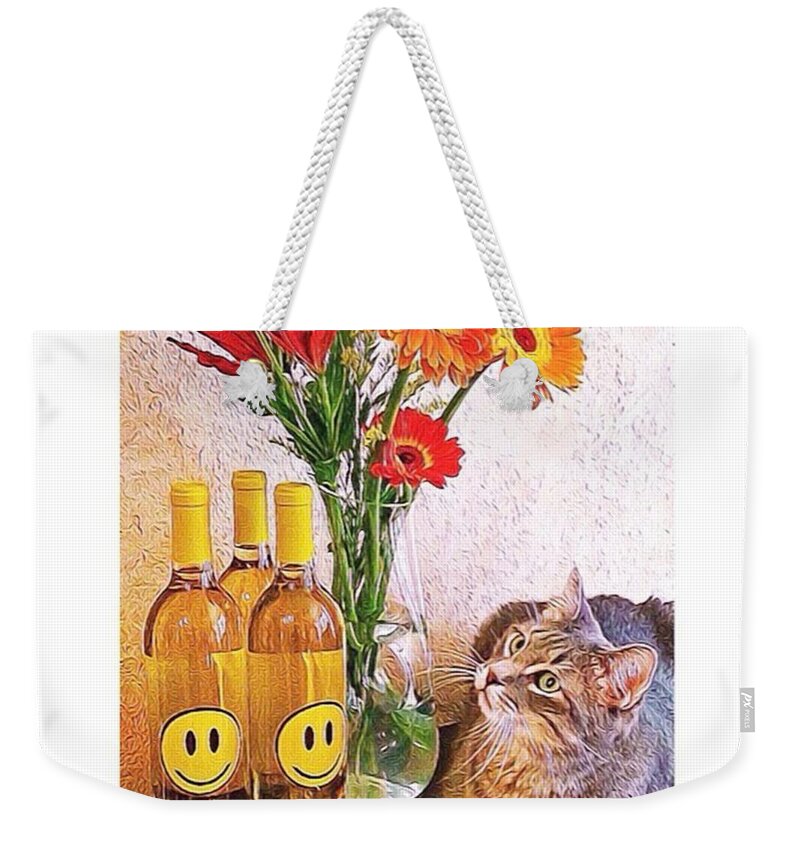 Photoshop Weekender Tote Bag featuring the photograph #cat + #wine + #flowers = The #caturday by Austin Tuxedo Cat