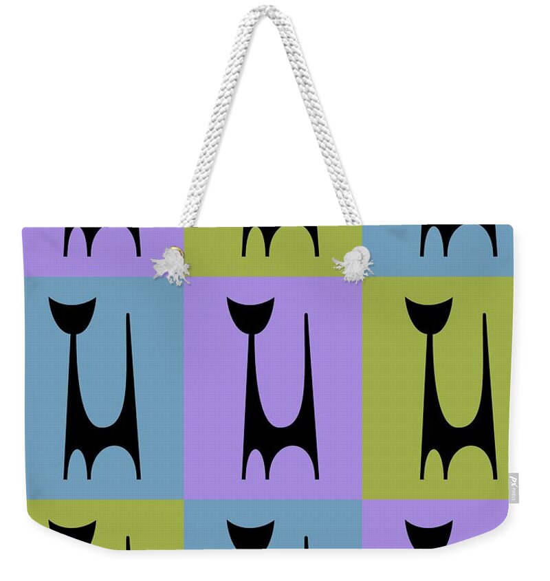 Atomic Cat Weekender Tote Bag featuring the digital art Cat 1 Purple Green and Blue by Donna Mibus