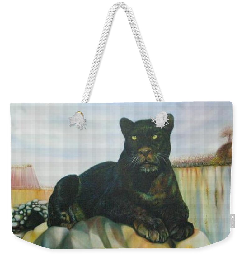 Cat Weekender Tote Bag featuring the painting CAT and The Cave by Sukalya Chearanantana