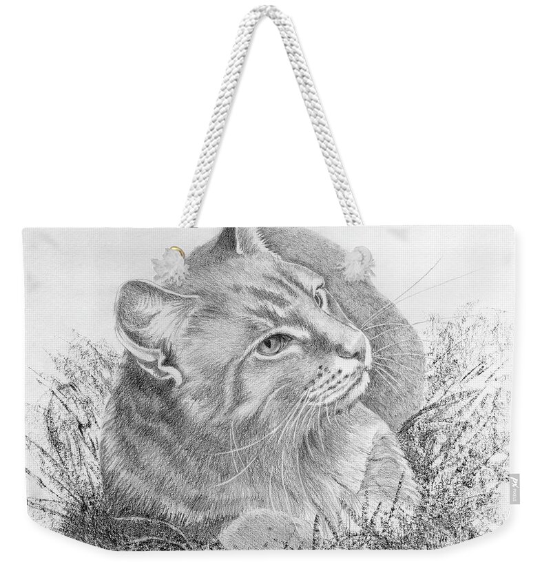 Cat Weekender Tote Bag featuring the drawing Cat in the Grass by Louise Howarth