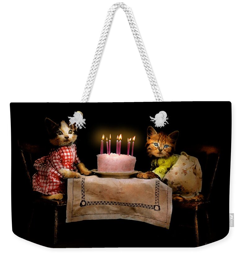 Cat Weekender Tote Bag featuring the photograph Cat - It's our birthday - 1914 by Mike Savad