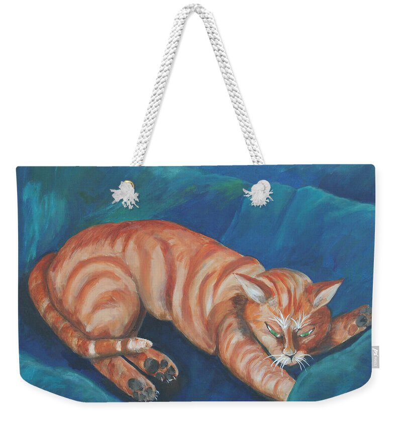 Cat Napping Weekender Tote Bag featuring the painting Cat Napping by Gail Daley