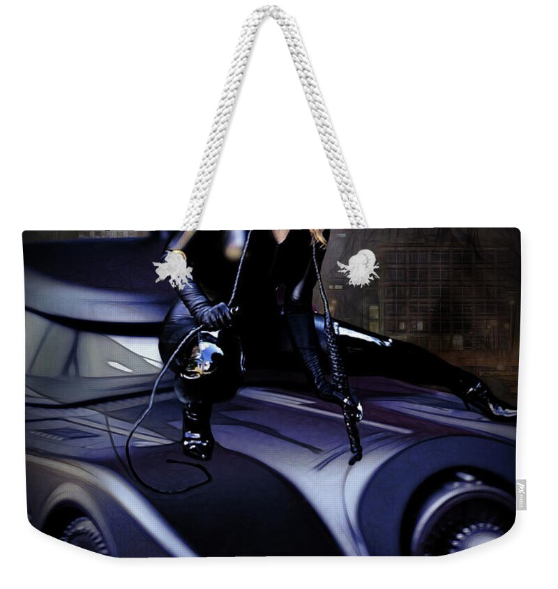 Cat Woman Weekender Tote Bag featuring the photograph Cat On A Car by Jon Volden