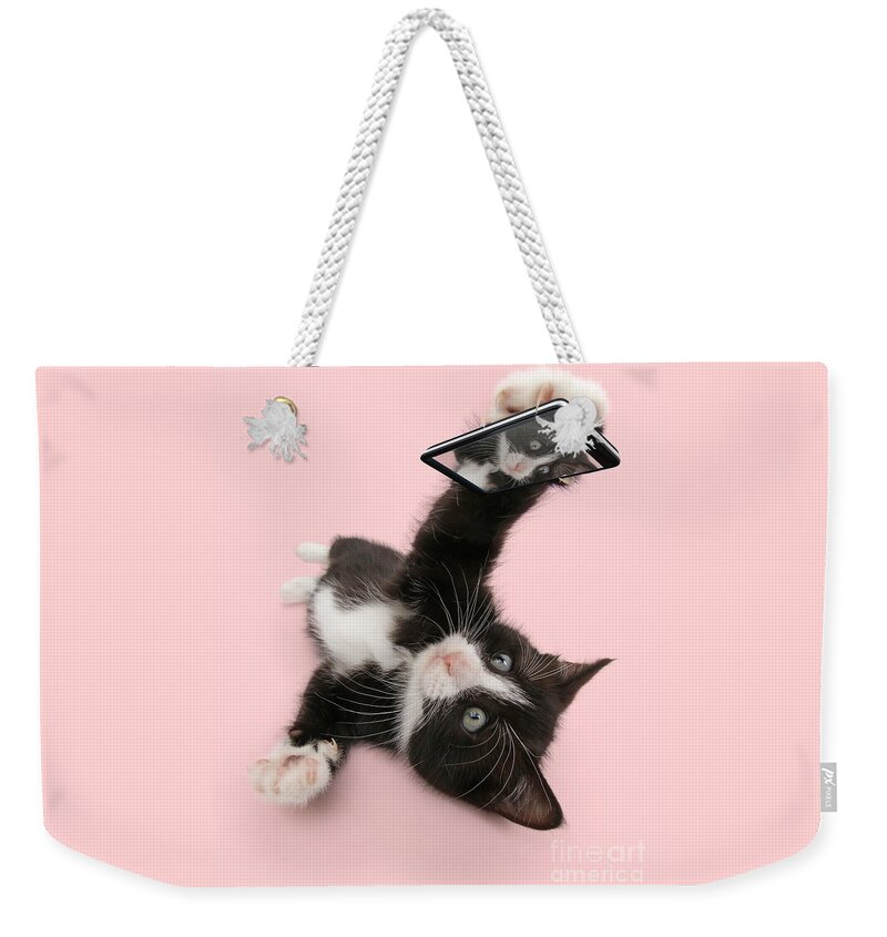 Black And White Weekender Tote Bag featuring the photograph Cat Selfie by Warren Photographic