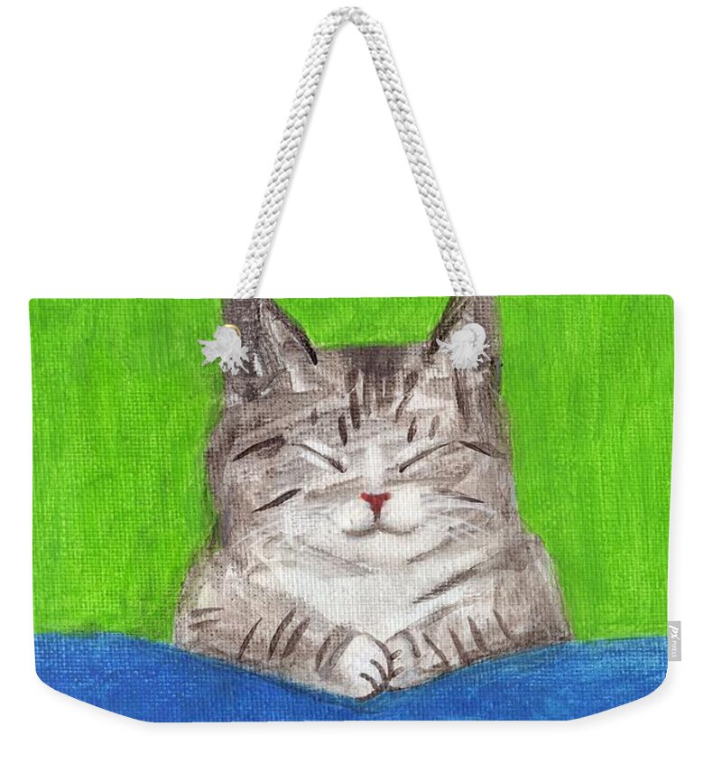 Cat With 12s Flag Weekender Tote Bag featuring the painting Cat with 12s Flag by Kazumi Whitemoon