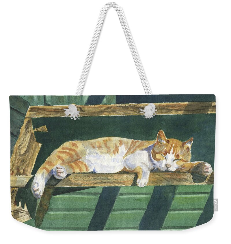 Cat Weekender Tote Bag featuring the painting CATatonic by Marsha Elliott