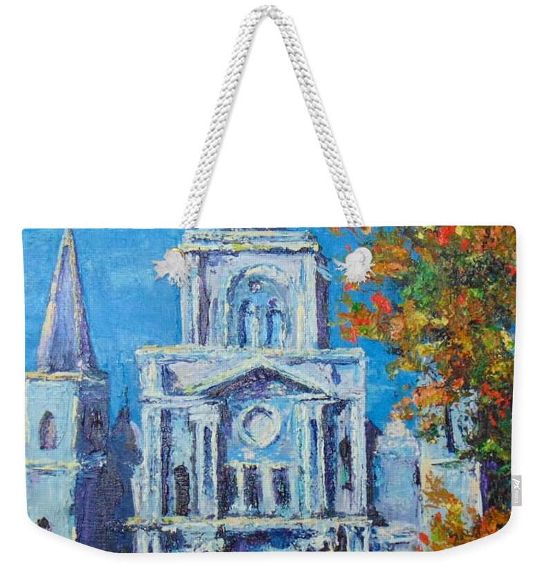 Cityscape Weekender Tote Bag featuring the painting Cathedral in Autumn by Beverly Boulet