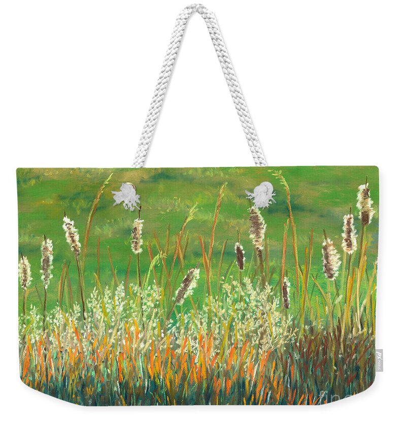 Cattails Weekender Tote Bag featuring the pastel Cattail Close-Up by Ginny Neece