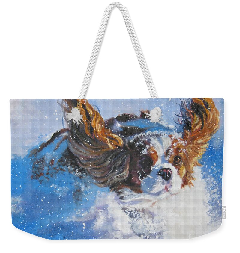 Dog Weekender Tote Bag featuring the painting Cavalier King Charles Spaniel blenheim in snow by Lee Ann Shepard