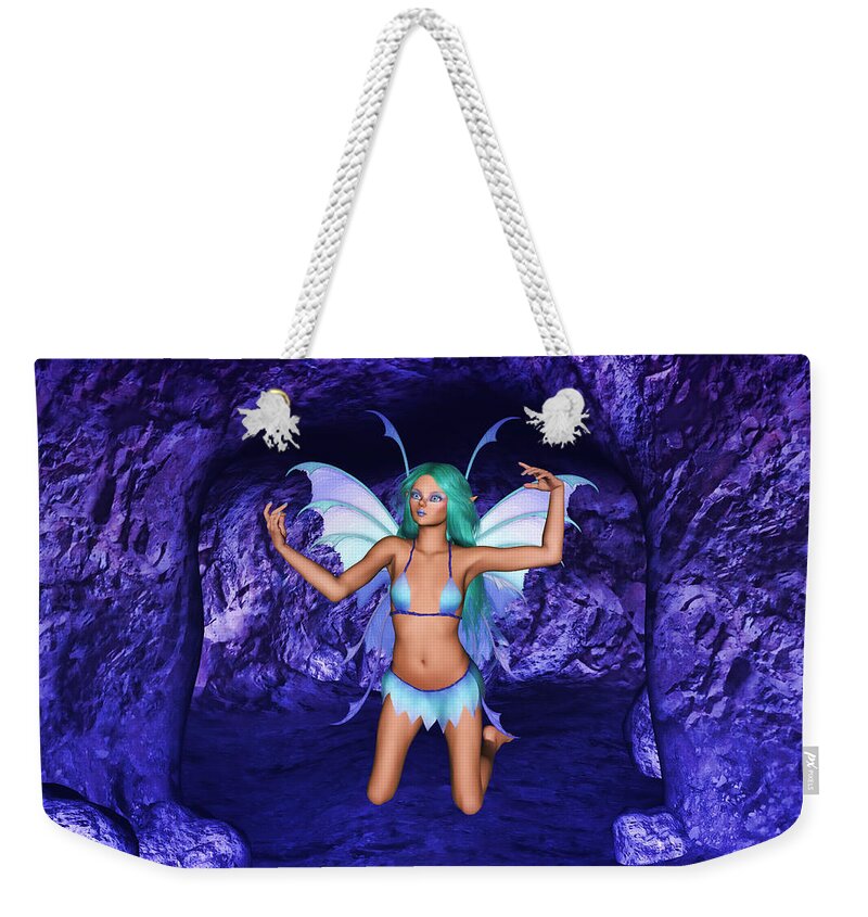 Cave Weekender Tote Bag featuring the mixed media Cave Dweller Blue Fairy Elf by Diane K Smith