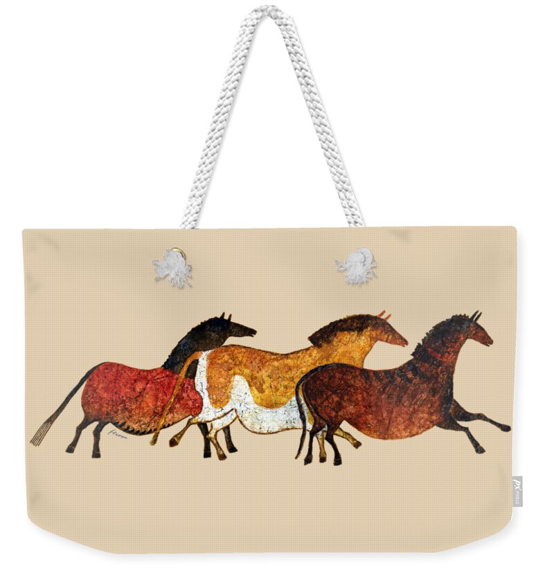 Cave Weekender Tote Bag featuring the painting Cave Horses in Beige by Hailey E Herrera