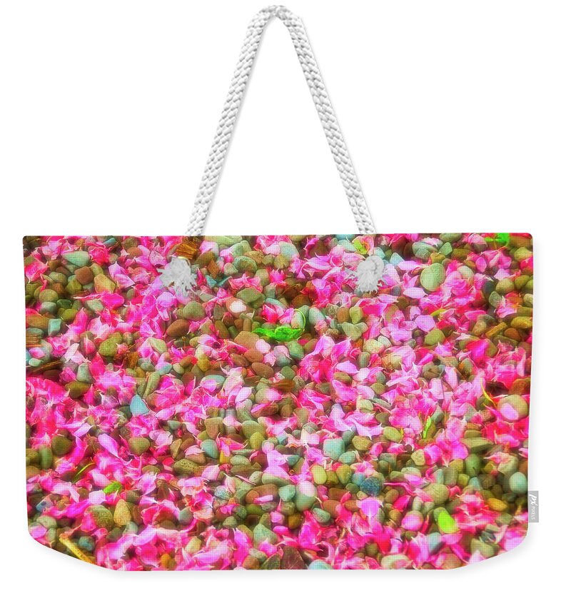 Stone Weekender Tote Bag featuring the photograph Celestial Skies Pink Petals on Stones by Aimee L Maher ALM GALLERY